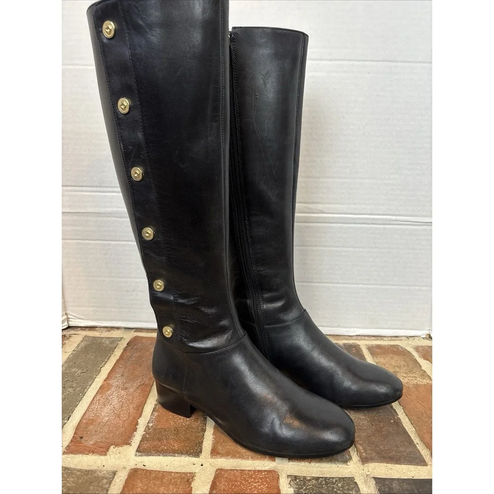 Nine West Black Leather Knee High Riding Boots w/ Gold‎ Buttons Size 6M  (T39)